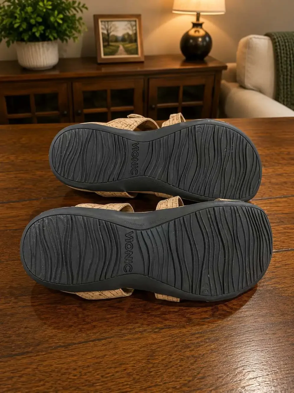 Vionic Orthaheel Cork Print Adjustable Comfort Sandals Beige Arch Support